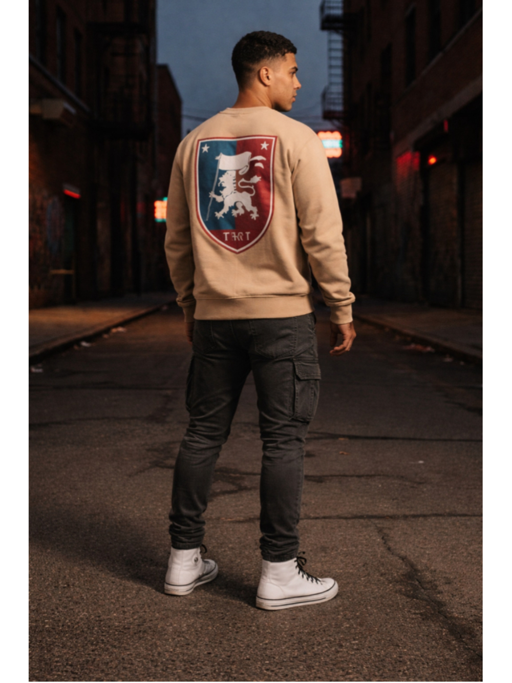 THRT Streetwear Crewneck Sweatshirt Large Tan Beige Lion Crest Graphic Cotton